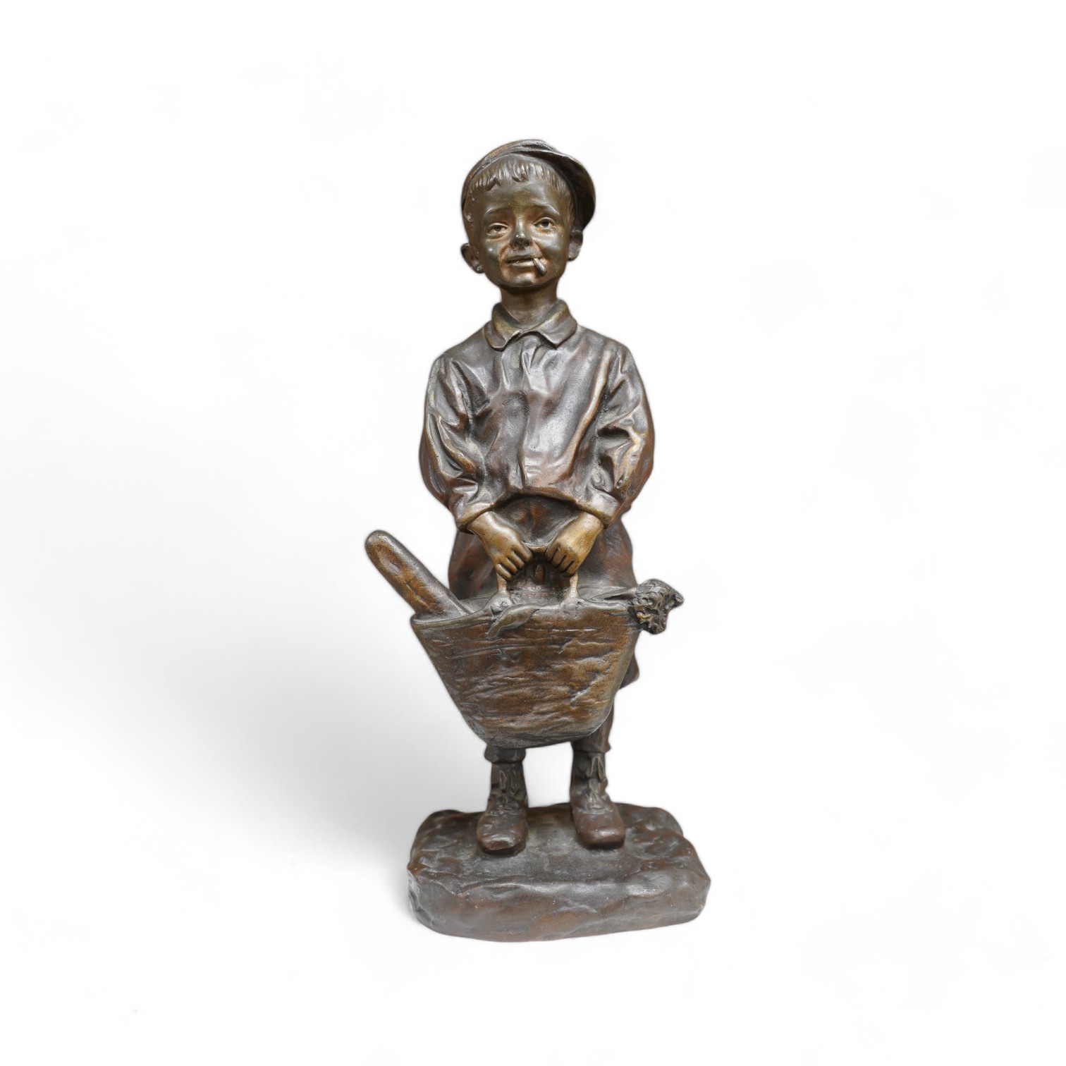 Jose Cardona (Spanish 1878-1923), bronze, figure of a young boy with a basket, 31cm. Condition - good